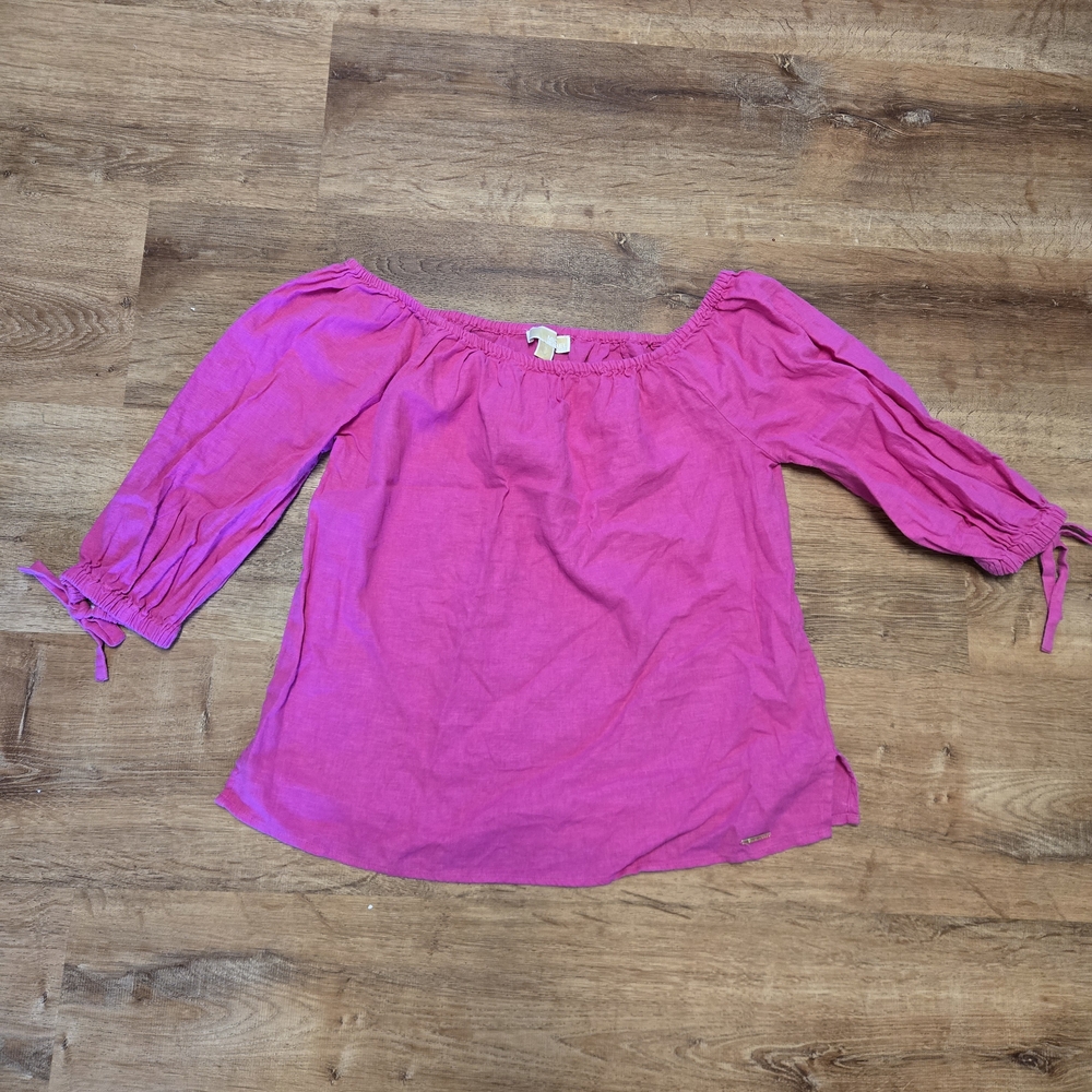 Michael Kors Hot Pink Off-Shoulder Tie-Sleeve Blouse Linen Blend Medium